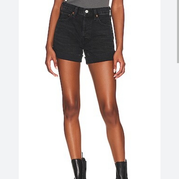 AGOLDE Parker Long with Cuff distressed hem black button fly cotton denim shorts - Picture 1 of 12